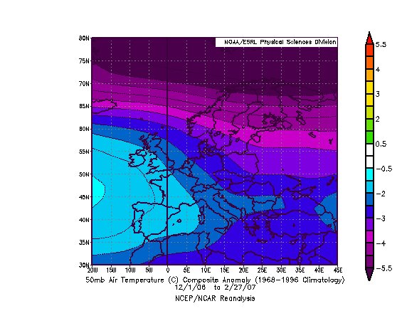 50 hPa Temperature on Europe