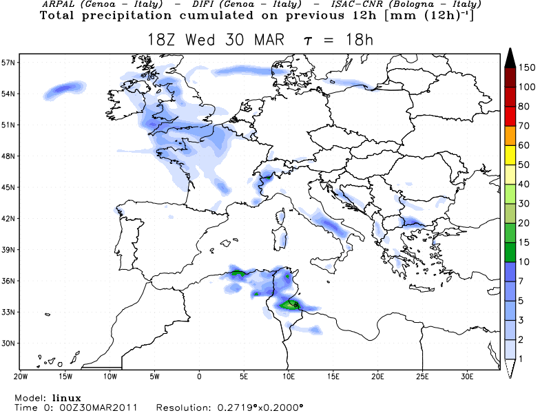 mappa precipitazione del 30 marzo 2011 da modello BOLAM