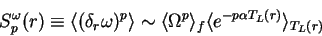 \begin{displaymath}
S_p^{\omega}(r) \equiv
\langle (\delta_r \omega)^p \rangle ...
...mega^p \rangle_f \langle e^{-p \alpha T_L(r)} \rangle_{T_L(r)}
\end{displaymath}