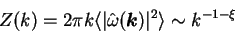 \begin{displaymath}
Z(k)=2\pi k \langle \vert\hat{\omega}({\mbox{\boldmath$k$}})\vert^2 \rangle \sim k^{-1-\xi}
\end{displaymath}