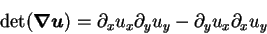 \begin{displaymath}
\det ({\mbox{\boldmath$\nabla$}}{\mbox{\boldmath$u$}}) =
\partial_x u_x \partial_y u_y - \partial_y u_x \partial_x u_y
\end{displaymath}